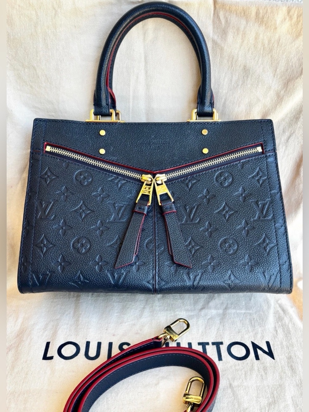 Louis Vuitton Monogram Sully Empreinte Satchel with Red Trim and Gold Hardware